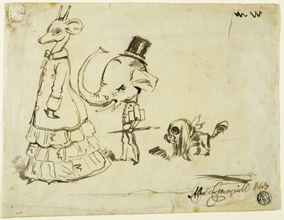 Karikatyyri miehestä, naisesta ja koirasta tekijältä Alfred Henry Forrester
