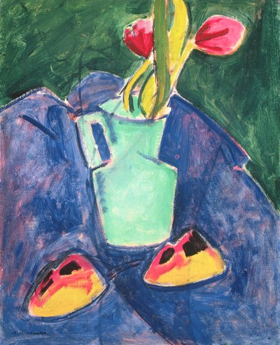Kukat vihreässä maljakossa violetilla kankaalla tekijältä Alfred Henry Maurer