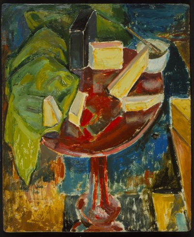 Punainen pöytälevy asetelma, n. 1919 (recto of 372405) (öljy gessoed-levylle) tekijältä Alfred Henry Maurer