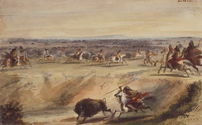 A Surround or Hunting the Buffalo, n. 1839 (lyijykynä, kynä ja muste, akvarelli ja guassi paperille) tekijältä Alfred Jacob Miller