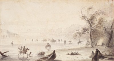 Bull Boating Across the Platte, n. 1837 (piirustus paperille) tekijältä Alfred Jacob Miller