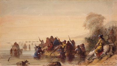 Härkäveneily Platte-joella, n. 1837 (akvarelli paperille) tekijältä Alfred Jacob Miller