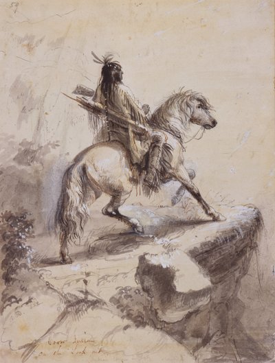 Crow Indian on Lookout, n. 1837 (kynä ja muste, pesu ja guassi paperille) tekijältä Alfred Jacob Miller