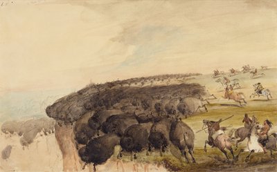Driving Herds of Buffalo over a Precipice, n. 1837 (lyijykynä, kynä ja muste ja akvarelli paperille) tekijältä Alfred Jacob Miller