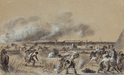 Fire on the Prairie, Setting Fire to the Camp, n. 1837 (pesu paperin kohokohdista) tekijältä Alfred Jacob Miller