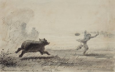 Grizzly-karhun jahtaama Fontenelle, n. 1837 (kynä, muste ja pesu paperille) tekijältä Alfred Jacob Miller