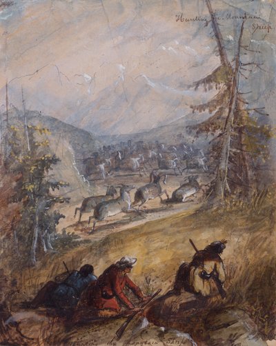Hunting the Mountain Sheep, n. 1837 (lyijykynä, kynä ja muste, akvarelli ja guassi paperille) tekijältä Alfred Jacob Miller