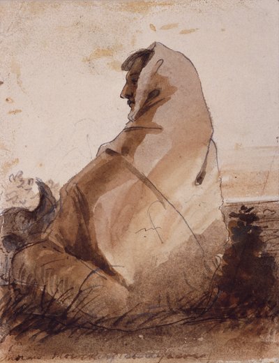 Intiaani Suru haudalla, Buffalo Skull, n. 1837 (lyijykynä, kynä ja muste ja pesu paperille) tekijältä Alfred Jacob Miller