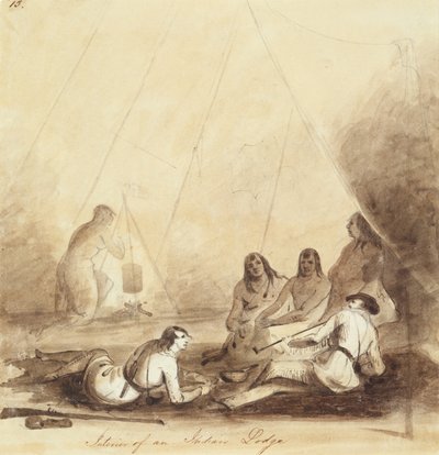 Indian Lodgen sisustus, n. 1837 (lyijykynä, kynä ja muste ja pesu paperille) tekijältä Alfred Jacob Miller