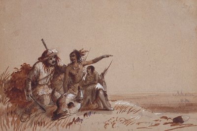 Kansas Indian Recounting to a Trapper, Signs, Migration of Buffalo, n. 1837 (kynä ja ruskeat ja mustat pesut paperilla) tekijältä Alfred Jacob Miller
