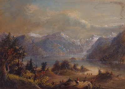 Lake Scene, Wind River Mountains, n. 1837 (kynä, akvarelli ja guassi paperille) tekijältä Alfred Jacob Miller