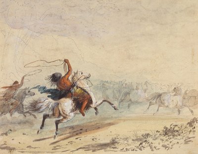 Lassoing Wild Horses, n. 1837 (lyijykynä, kynä, muste, akvarelli ja guassi paperille) tekijältä Alfred Jacob Miller