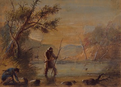 Setting Traps for Beaver, n. 1837 (kynä, akvarelli ja guassi paperille) tekijältä Alfred Jacob Miller