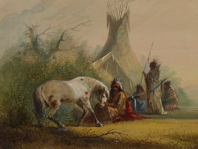 Shoshone-intiaani ja hänen lemmikkihevosensa tekijältä Alfred Jacob Miller