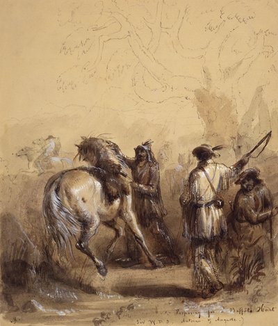 Sir W.D.S., Antoine ja Auguste tai valmistautuminen puhvelinmetsästykseen, n. 1837 (kynä ja muste, pesu ja guassi paperille) tekijältä Alfred Jacob Miller