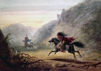 Snake-intiaani jahtaa ”Crow”-hevosvarasta tekijältä Alfred Jacob Miller