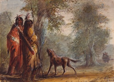 Käärmeintiaanit katsomassa kanootin lähestymistä, n. 1837 (kynä, akvarelli ja guassi paperille) tekijältä Alfred Jacob Miller
