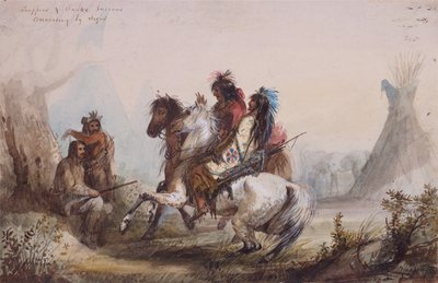 Trappers and Snake Indians Conversing by Signs, n. 1837 (kynä, akvarelli ja guassi paperille) tekijältä Alfred Jacob Miller