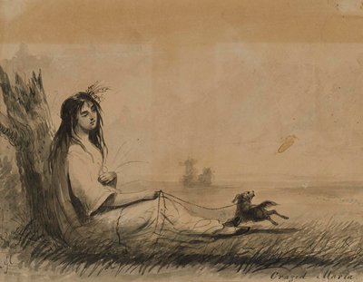 Lepääviä naisia ja talutushihnassa oleva koira (Laurence Sternen teoksesta "Tunteellinen matka", 1768) tekijältä Alfred Jacob Miller