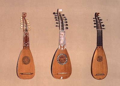 (LtoR) Pandurina vuodelta 1734 ja kaksi Milanon mandoliinia vuosilta 1775 ja 1739, kappaleesta "Musical Instruments" (värillinen lito) tekijältä Alfred James Hipkins