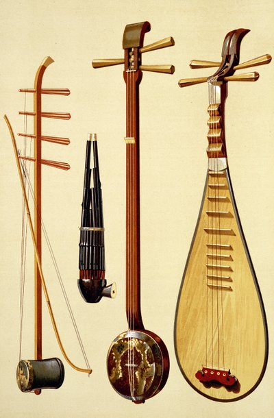 Huqin ja jousi, sheng, sanxian ja pipa, kiinalaiset soittimet "Musical Instruments" -sarjasta (värillinen lito) tekijältä Alfred James Hipkins