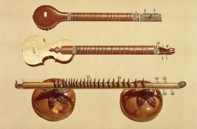 Kaksi sitaraa ja rudra vina, intialainen, kappaleesta "Musical Instruments" (värillinen lito) tekijältä Alfred James Hipkins