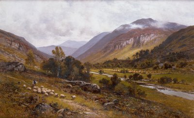 Jokilaakso, jonka takana on vuoristoinen maisema (öljy kankaalle) tekijältä Alfred Jr. Glendening
