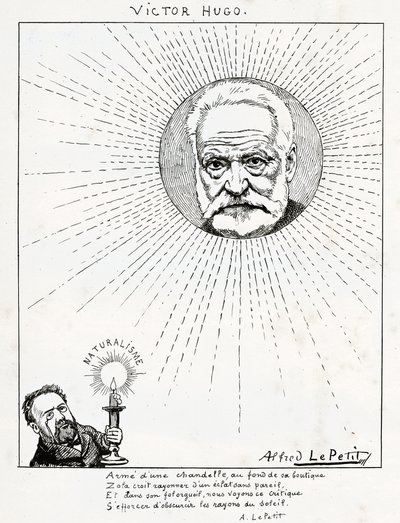 Karikatyyri Victor Hugosta ja Emile Zolasta, n. 1875-1880 (kaiverrus) tekijältä Alfred Le Petit