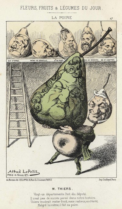 La Peire: Sarjakuva Thiersista - ill. 14/02/1871, kirjoittanut Alfred Le Petity, teoksessa "Päivän kukat, hedelmät ja vihannekset"". tekijältä Alfred Le Petit