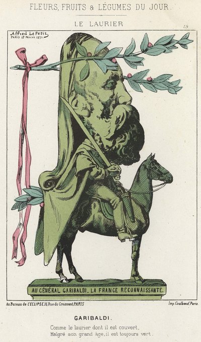 Le Laurier: Sarjakuva Garibaldista - ill. 15.2.1871 alkaen "Päivän kukat, hedelmät ja vihannekset" tekijältä Alfred Le Petit