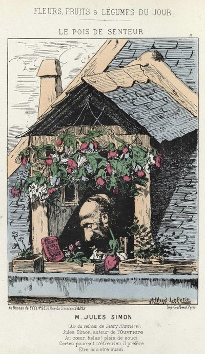 Le Peas de Fragreur: karikatyyri Jules Simonista (1814 - 1896) - ill. 12.1.187 alkaen "Päivän kukat, hedelmät ja vihannekset" tekijältä Alfred Le Petit