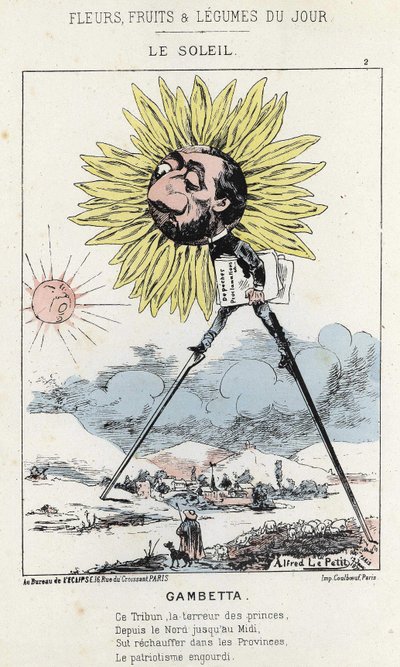 Le Soleil (auringonkukka): karikatyyri Gambettasta (1838 - 1882) - ill. 12.1.1871 alkaen "Päivän kukat, hedelmät ja vihannekset" tekijältä Alfred Le Petit