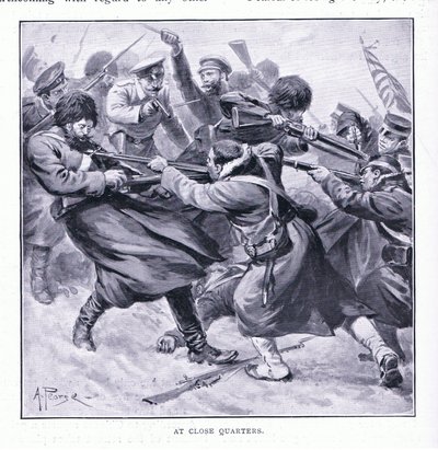 Lähietäisyydeltä, kuvitus teoksesta Cassells History of the Russo-Japanese War Vol. 1, noin 1900. tekijältä Alfred Pearse
