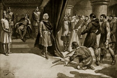 Talonpojat heittelevät auranvanteitaan Henry I:n jalkojen juurelle, kuvitus "Hutchinsonin tarinasta brittiläisestä kansasta", n. 1920 (litho) tekijältä Alfred Pearse