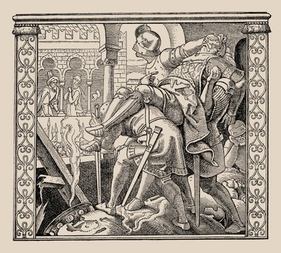 Die Nibelungen. Kuinka Rudigers-joukko esitellään Krimhildille, 1840-1841. tekijältä Alfred Rethel