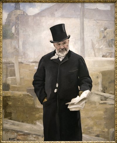 Muotokuva Jean Charles Adolphe Alphandista (1817-1891), Baron Haussmannin yhteistyökumppani, julkisten töiden valvoja, Pariisin viheralueiden suunnittelu, vuoden 1889 maailmannäyttelyn teosten johtaja, Alfred Rollin (1846-1919) öljymaalaus kankaalle ). Pho tekijältä Alfred Roll