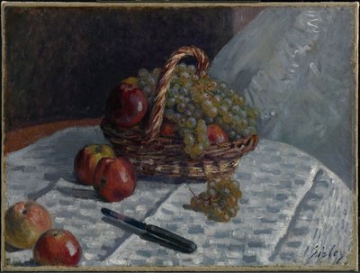 Omenoita ja viinirypäleitä korissa tekijältä Alfred Sisley