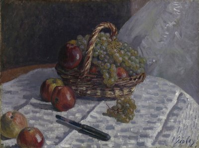Omenat ja viinirypäleet korissa, n. 1880-81 tekijältä Alfred Sisley