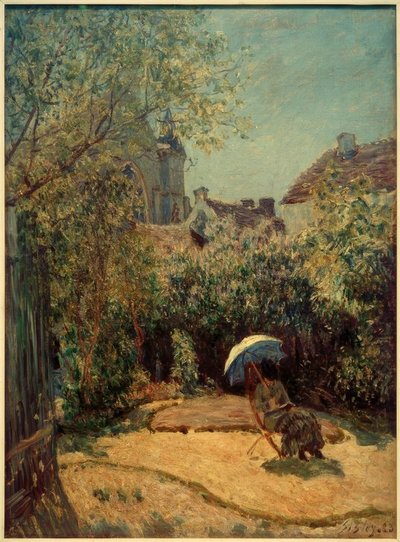 Nainen aurinkovarjolla - kesäkohtaus tekijältä Alfred Sisley