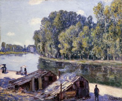 Mökit Canal du Loingin reunalla auringon paistaessa; Mökit Canal du Loing-Sun Effectin reunalla tekijältä Alfred Sisley