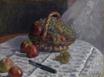 Omenat ja viinirypäleet korissa. Noin 1880-81 tekijältä Alfred Sisley