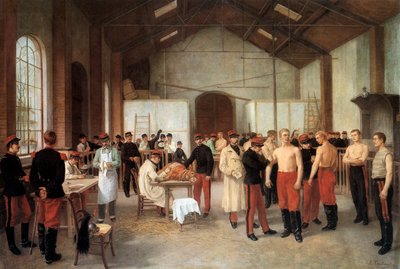 Ranskalaisten upseerien rokottaminen Val de Gracen sairaalassa Pariisissa n. 1900 (öljy kankaalle) tekijältä Alfred Touchemolin