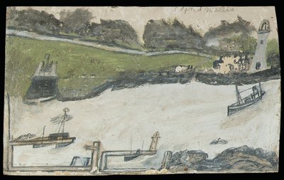 Satamanäkymä, jossa on linna ja majakka (lyijykynä ja öljy kortille) tekijältä Alfred Wallis