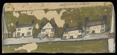 Neljän mökin rivi (öljy & kynä kortilla) tekijältä Alfred Wallis