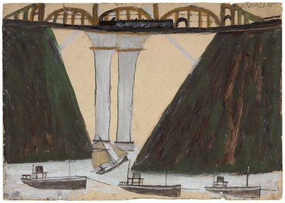 Saltash Bridge, c. 1930 (kynä ja öljy kortille) tekijältä Alfred Wallis