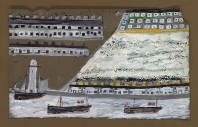 Laivat ja majakka, talot (lyijykynä ja öljy paperille) tekijältä Alfred Wallis