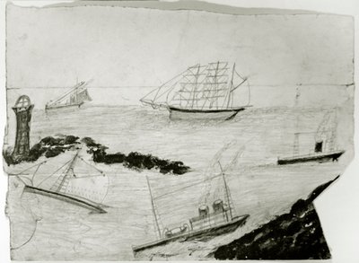 Kolme purjelaivaa, kaksi höyrylaivaa ja Godrevy Lighthouse, n. 1935-1938 (öljy & kynä kortilla) tekijältä Alfred Wallis