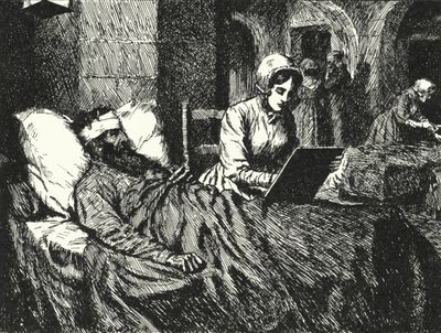 Englantilainen sairaanhoitaja Florence Nightingale kirjoittaa kirjettä Krimin sodassa haavoittuneelle sotilaalle Scutarin sairaalassa, 1855 tekijältä Alfred Wallis Mills