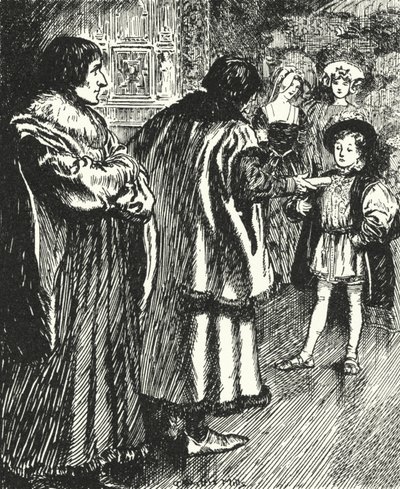 Erasmus katsomassa Sir Thomas Morea esittämässä runoa, jonka hän oli kirjoittanut nuorelle prinssille Henrylle, tulevalle kuningas Henrik VIII:lle tekijältä Alfred Wallis Mills