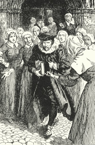 Edinburghin naiset tuomitsivat skotlantilaisen papin William Annandin saarnaamisesta uudesta rukouskirjasta St Gilesin katedraalissa, 1637 tekijältä Alfred Wallis Mills